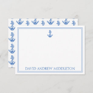 Coastal Preppy Blue and White Anchor Personalized Note Card