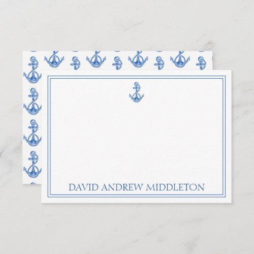 Coastal Preppy Blue and White Anchor Personalized Note Card