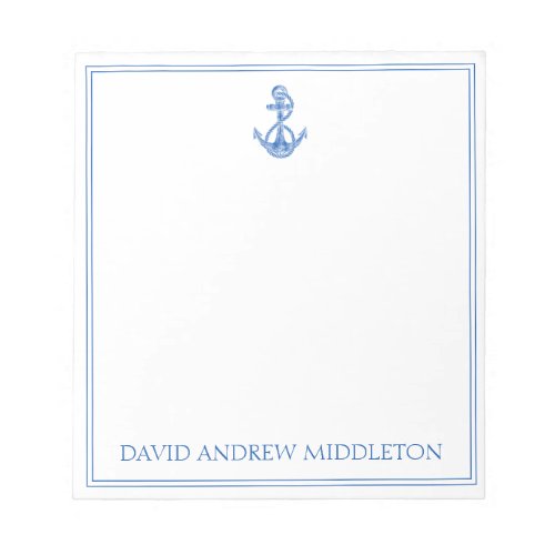 Coastal Preppy Blue and White Anchor Personalized Notepad