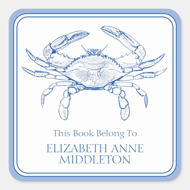 Coastal Preppy Blue and White Crab Bookplate (Front)