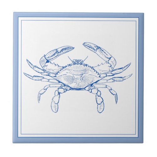 Coastal Preppy Blue and White Crab Ceramic Tile