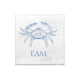 Coastal Preppy Blue and White Crab Monogram Cloth Napkin