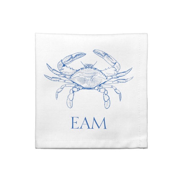 Coastal Preppy Blue and White Crab Monogram Cloth Napkin (Quarter Fold)