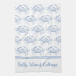 Coastal Preppy Blue And White Crab Personalized Kitchen Towel at Zazzle