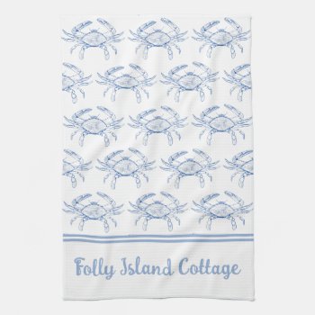 Coastal Preppy Blue And White Crab Personalized Kitchen Towel by jozanehouse at Zazzle