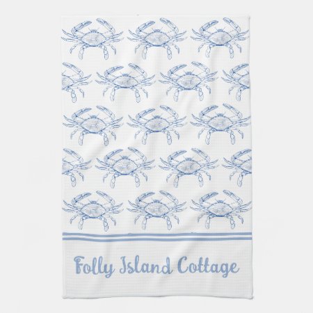 Coastal Preppy Blue And White Crab Personalized Kitchen Towel