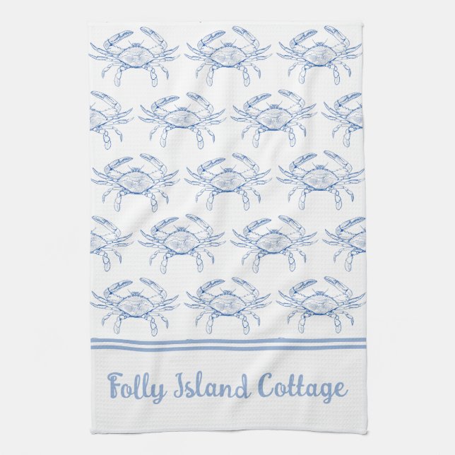 Coastal Preppy Blue and White Crab Personalized Kitchen Towel (Vertical)