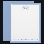 Coastal Preppy Blue and White Crab Personalized Letterhead<br><div class="desc">This coastal inspired stationery features a classic coastal crab in blue and white and can be personalized with your choice of name or special text in matching blue.</div>