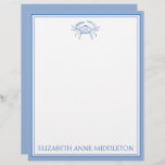 Coastal Preppy Blue and White Crab Personalized Letterhead<br><div class="desc">This coastal inspired stationery features a classic coastal crab in blue and white and can be personalized with your choice of name or special text in matching blue.</div>