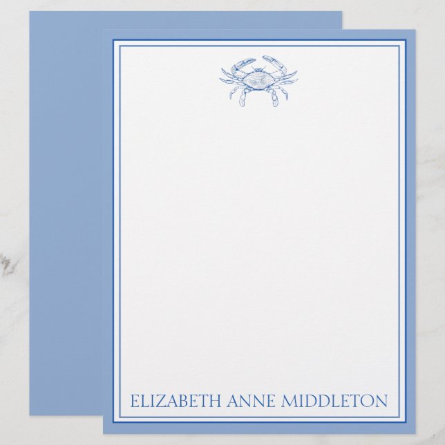 Coastal Preppy Blue and White Crab Personalized Letterhead (Front/Back)