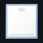 Coastal Preppy Blue and White Crab Personalized Notepad<br><div class="desc">This coastal inspired notepad features a classic coastal crab in blue and white and can be personalized with your choice of name or special text in matching blue.</div>
