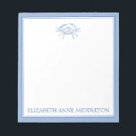Coastal Preppy Blue and White Crab Personalized Notepad<br><div class="desc">This coastal inspired notepad features a classic coastal crab in blue and white and can be personalized with your choice of name or special text in matching blue.</div>
