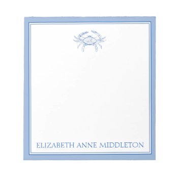 Coastal Preppy Blue And White Crab Personalized Notepad by jozanehouse at Zazzle