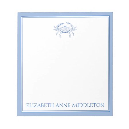 Coastal Preppy Blue And White Crab Personalized Notepad