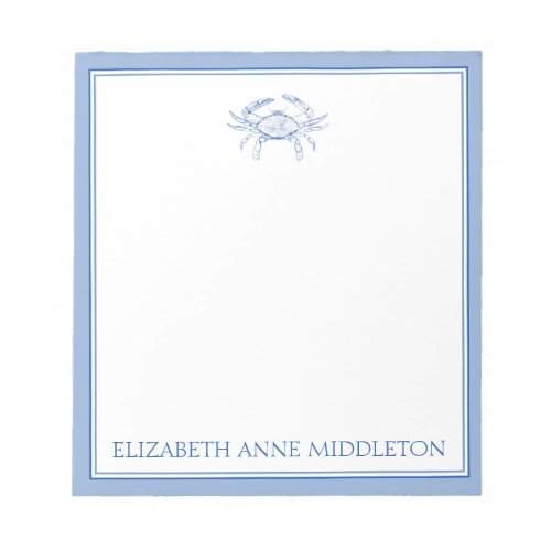 Coastal Preppy Blue and White Crab Personalized Notepad