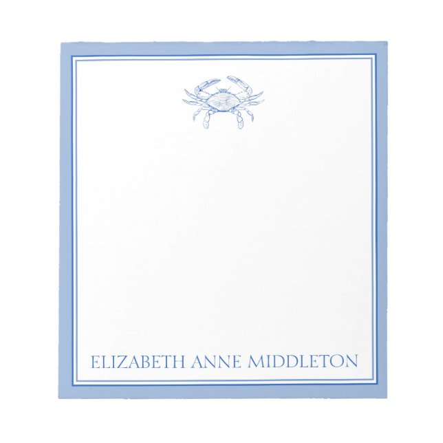 Coastal Preppy Blue and White Crab Personalized Notepad (Front)