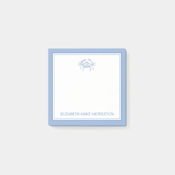 Coastal Preppy Blue And White Crab Personalized Post-it Notes by jozanehouse at Zazzle