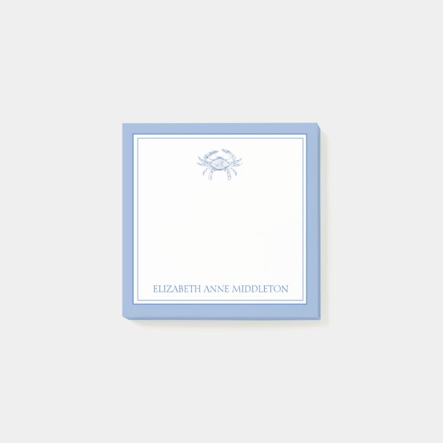 Coastal Preppy Blue and White Crab Personalized Post-it Notes (Front)