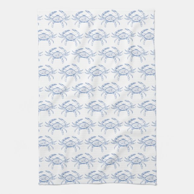 Coastal Preppy Blue and White Crabs Kitchen Towel (Vertical)