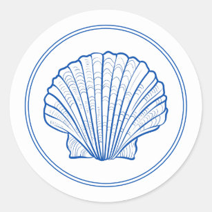 Coastal Preppy Blue and White Scallop Shell Classic Round Sticker