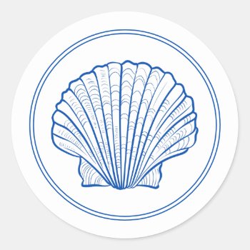 Coastal Preppy Blue And White Scallop Shell Classic Round Sticker by jozanehouse at Zazzle