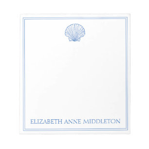 Coastal Preppy Blue and White Shell Personalized Notepad
