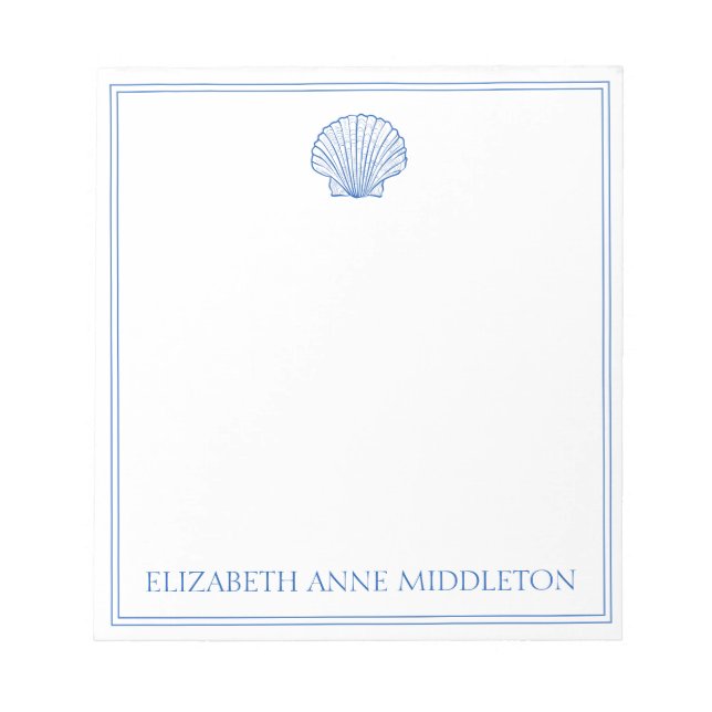 Coastal Preppy Blue and White Shell Personalized Notepad (Front)