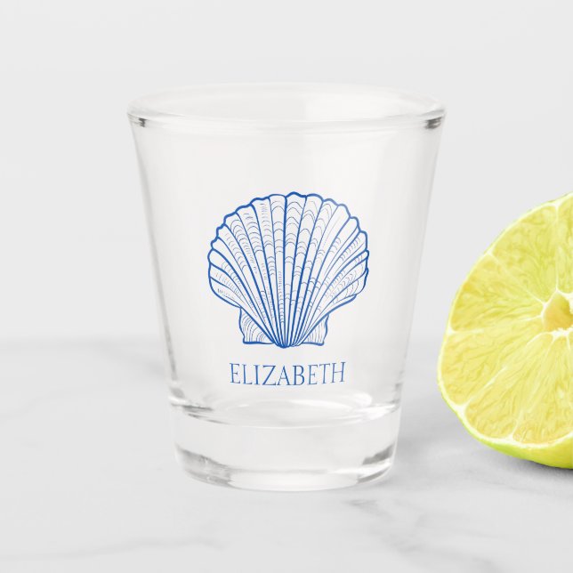Coastal Preppy Blue and White Shell Personalized Shot Glass (Front)