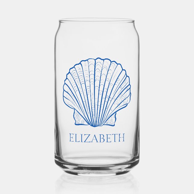 Coastal Preppy Blue and White Shells Personalized Can Glass (Front)