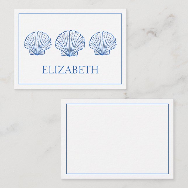 Coastal Preppy Blue and White Shells Personalized Note Card (Front/Back)