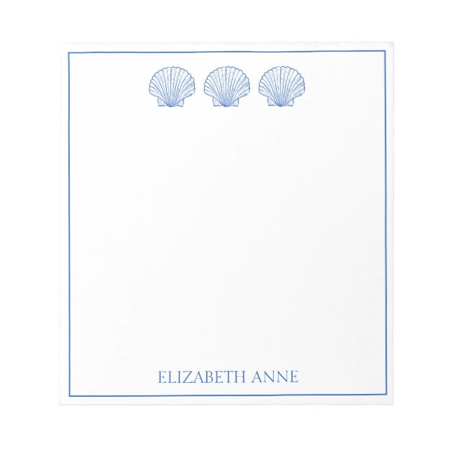 Coastal Preppy Blue and White Shells Personalized Notepad (Front)