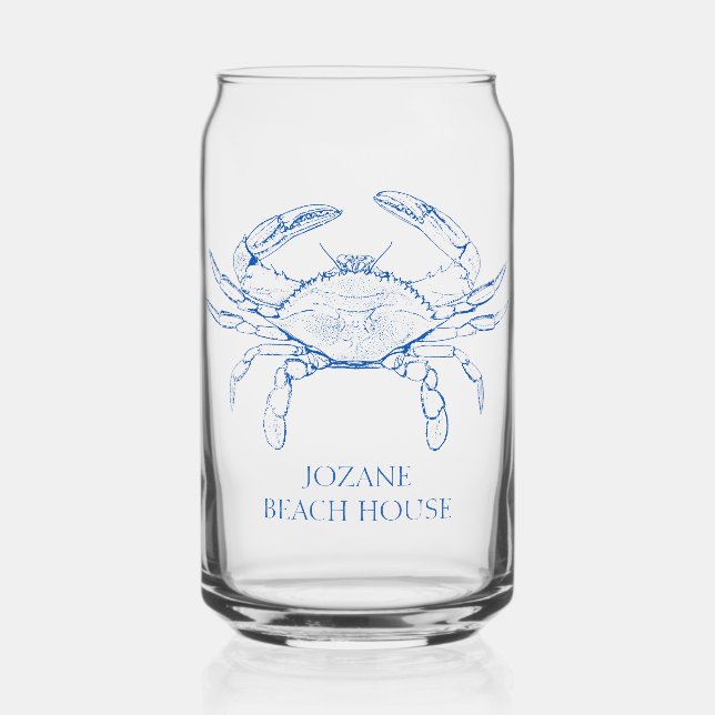 Coastal Preppy Blue Crab Personalized Can Glass (Front)