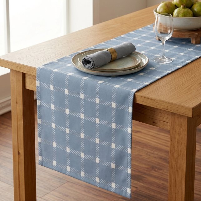 Coastal Preppy Dusty Blue Gingham Plaid   Short Table Runner (Creator Uploaded)
