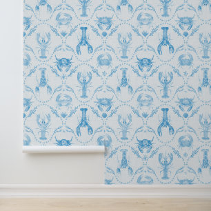 Coastal Preppy Lobster and Crabs in Light Blue Wallpaper