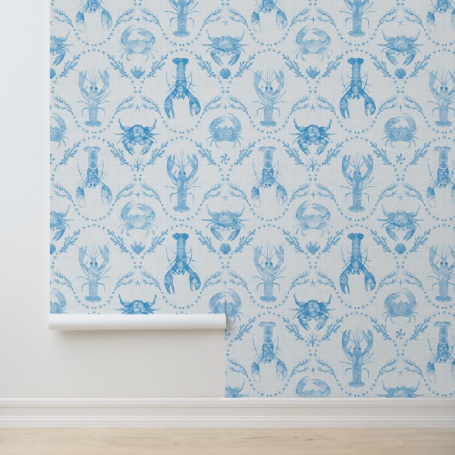 Coastal Preppy Lobster and Crabs in Light Blue Wallpaper (Application)