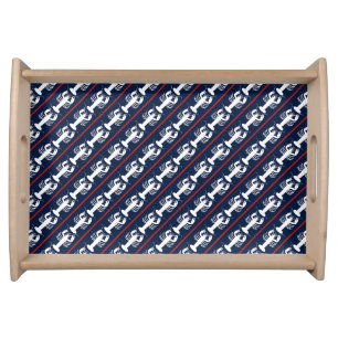 Coastal Preppy Lobster Pattern Navy Blue Red White Serving Tray