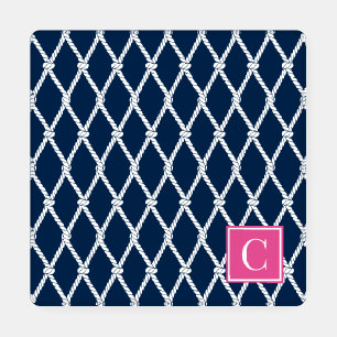 Coastal Preppy Nautical Monogram - Navy & Hot Pink Coaster Set