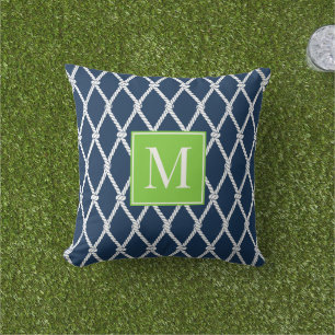 Coastal Preppy Nautical Monogram – Navy & Lime Outdoor Pillow