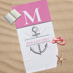 Coastal Preppy Pink Anchor Nautical Monogram Beach Towel
