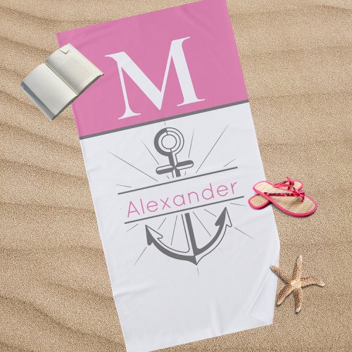 Coastal Preppy Pink Anchor Nautical Monogram Beach Towel