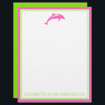 Coastal Preppy Pink and Green Dolphin Personalized Letterhead<br><div class="desc">This coastal inspired stationery features a classic dolphin in pink with a border and back of bright green.  pPersonalize with your choice of name or special text in matching green.</div>