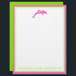 Coastal Preppy Pink and Green Dolphin Personalized Letterhead<br><div class="desc">This coastal inspired stationery features a classic dolphin in pink with a border and back of bright green.  pPersonalize with your choice of name or special text in matching green.</div>