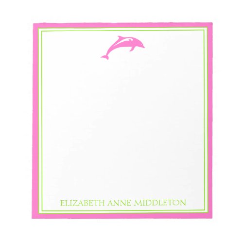 Coastal Preppy Pink and Green Dolphin Personalized Notepad
