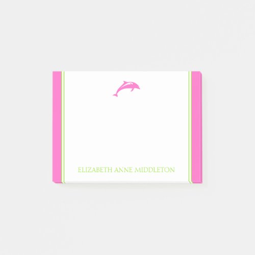 Coastal Preppy Pink and Green Dolphin Personalized Post_it Notes