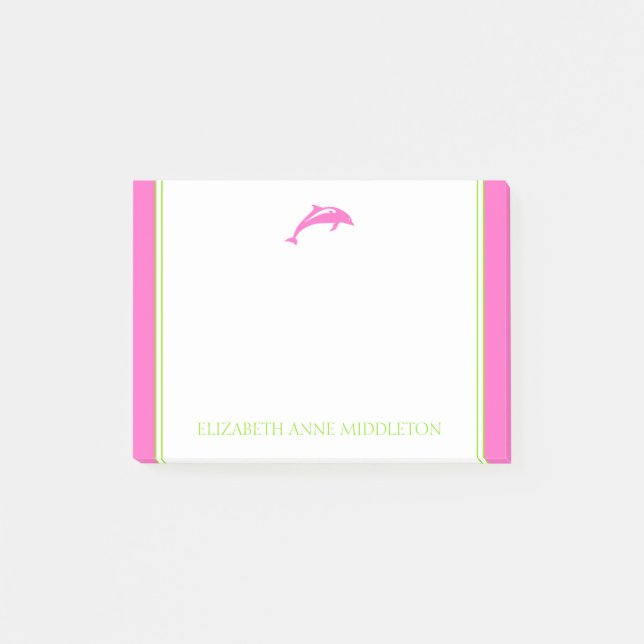Coastal Preppy Pink and Green Dolphin Personalized Post-it Notes (Front)