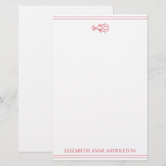 Coastal Preppy Red and White Lobster Personalized Stationery (Front/Back)