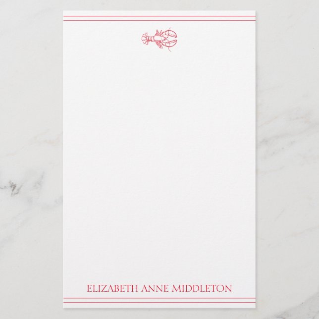 Coastal Preppy Red and White Lobster Personalized Stationery (Front)