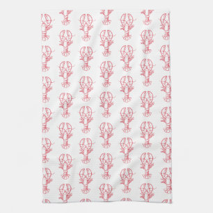 Coastal Preppy Red and White Lobsters Kitchen Towel
