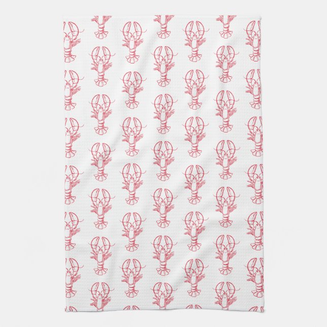 Coastal Preppy Red and White Lobsters Kitchen Towel (Vertical)