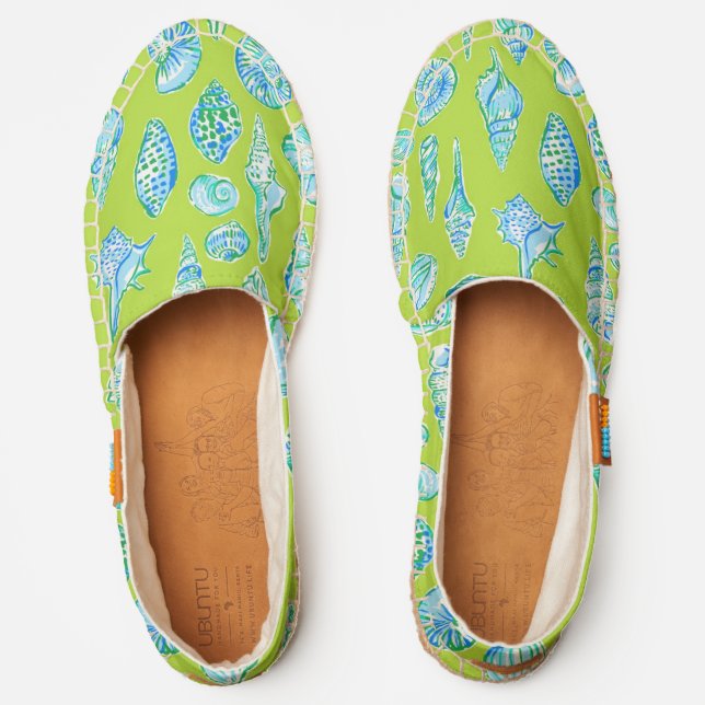 Coastal Preppy Seashells Lime Green Background Espadrilles (Front)